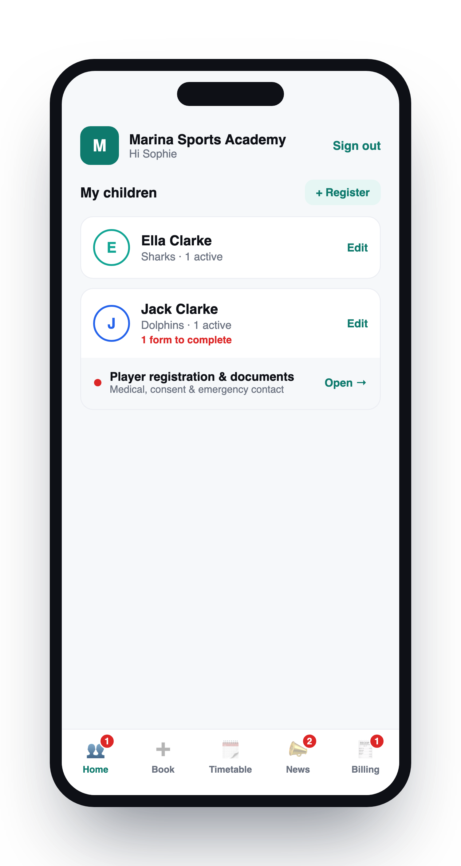 Schedly customer app home - each child with their photo and colour, forms to complete flagged, and outstanding-item badges on the tab bar