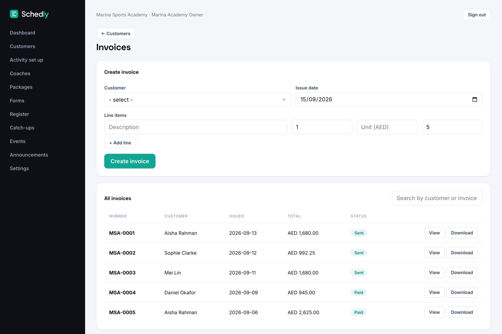 Schedly invoices screen with VAT invoices and statuses