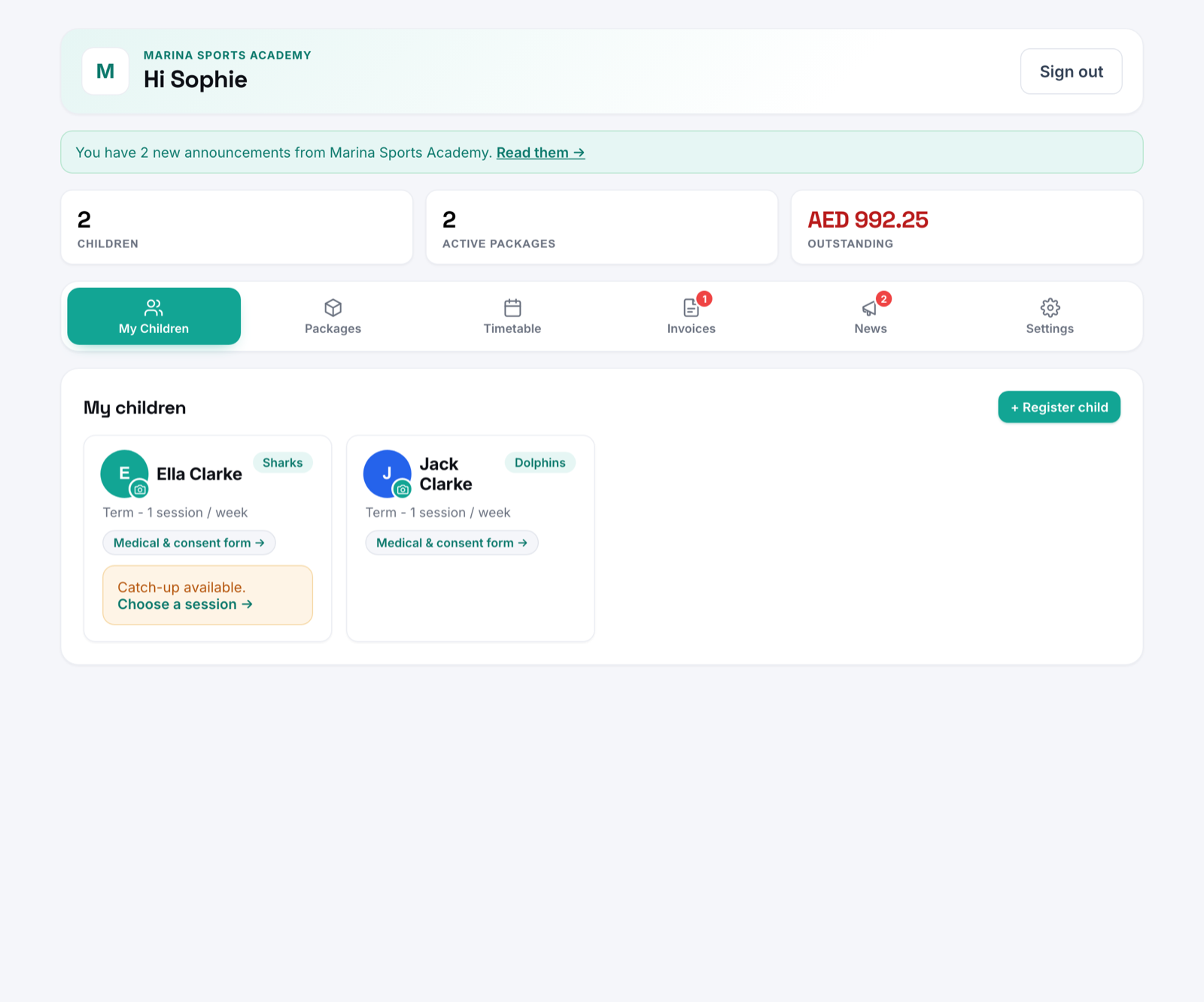 Schedly customer portal showing children, packages and announcements